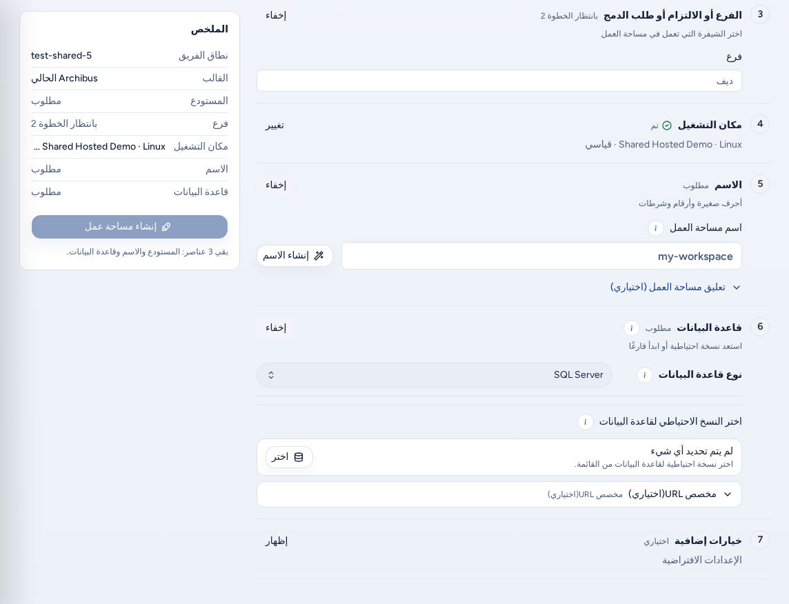 خطوة قاعدة البيانات مع نوع قاعدة البيانات واختيار النسخة الاحتياطية (لا شيء محدد، اختر) وعنوان URL المخصص الاختياري بجوار الملخص، ببيانات مثال آمنة.