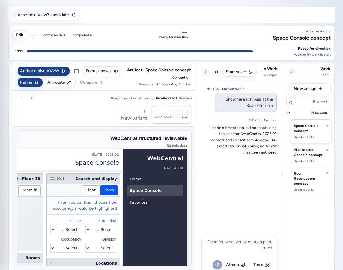 Design مع فتح مسار عمل: قائمة Work ومحادثة Design Work ولوحة Artifact التي تعرض مفهوم WebCentral منظمًا، باستخدام بيانات مثال آمنة.