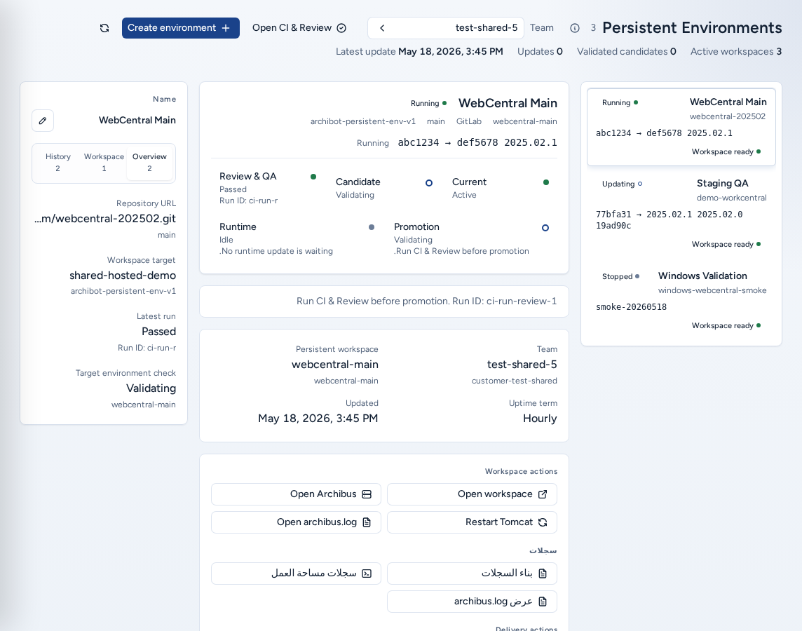 البيئات الدائمة: قائمة انتظار البيئة بجانب حالة البيئة المحددة والمرشح والترقية وإجراءات مساحة العمل، باستخدام بيانات مثال آمنة.