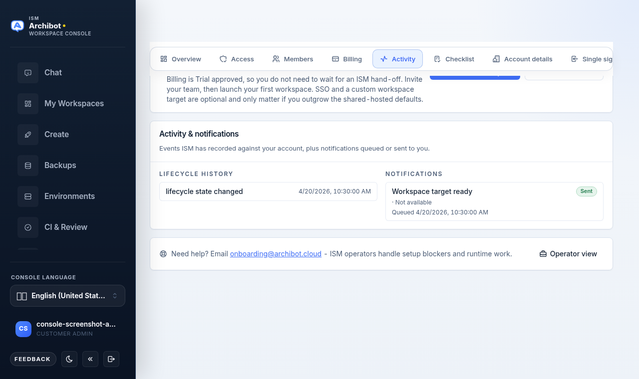 Console Activity tab showing the Activity & notifications card with lifecycle history and notifications columns.