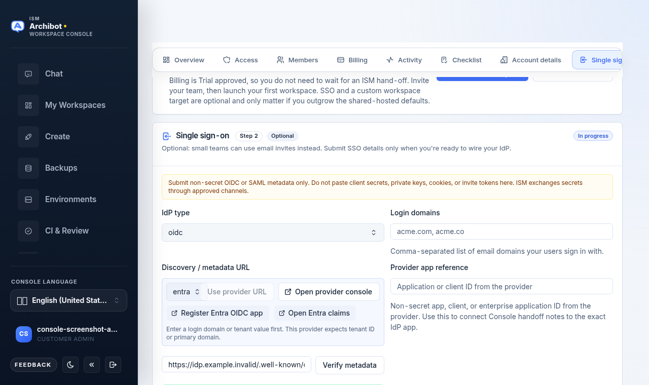 Console Single sign-on step header with the IdP type selector, login domains, and the discovery metadata URL row.