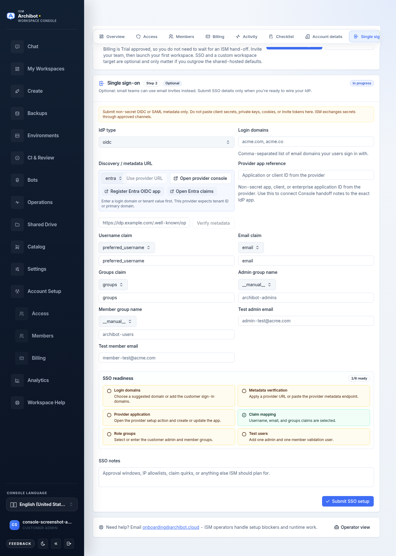 Console Single sign-on step with IdP type, login domains, discovery metadata URL, claim mapping, role groups, and an SSO readiness panel.