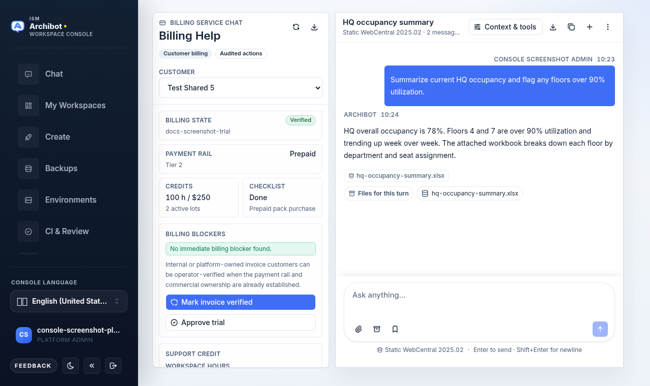 Billing Help in the Console with a customer billing summary on the left and a billing service chat on the right.