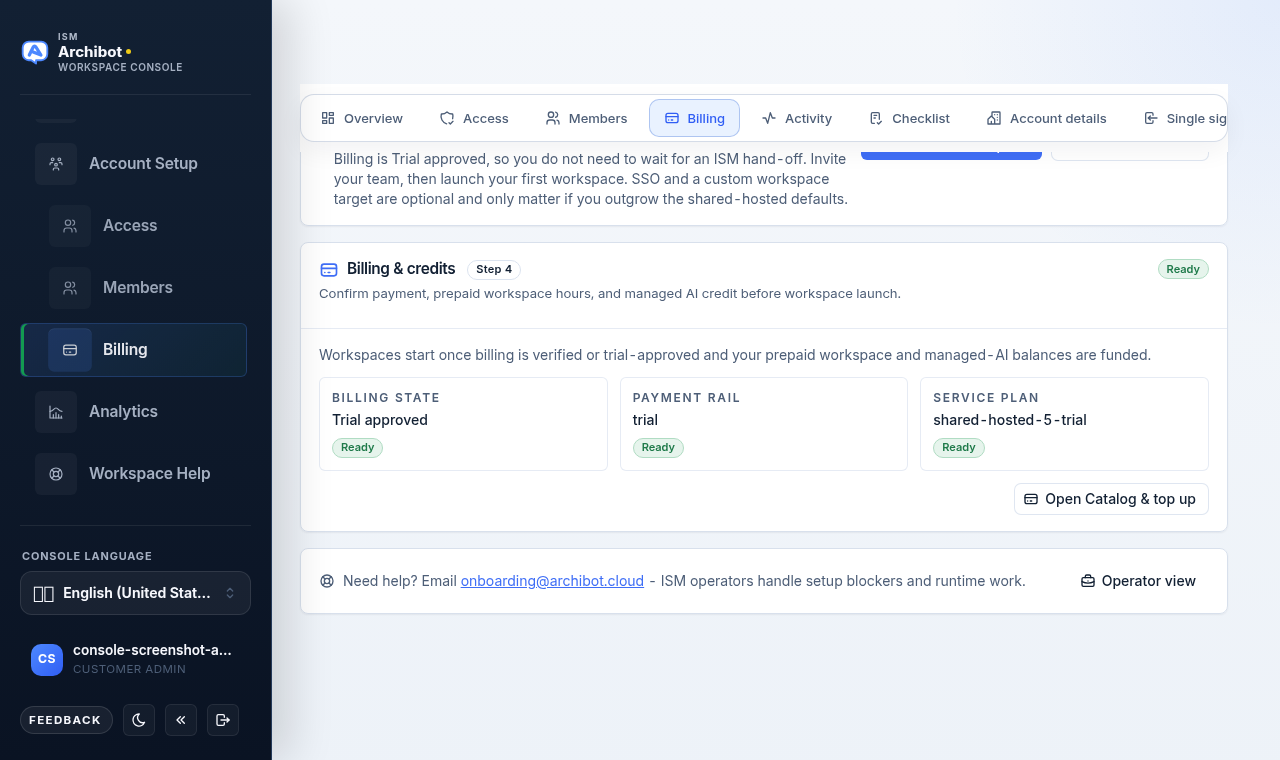 Console Chat Billing screen showing the selected customer and Universal Archibot Credit wallet.