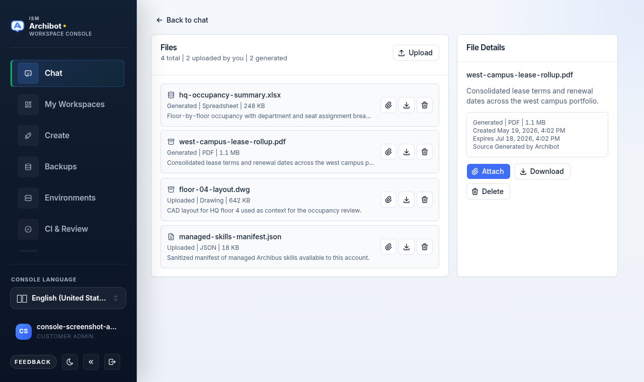 ArchiBot Chat File Details pane for a PDF showing summary, created and expiry dates, source, and Attach, Download, and Delete buttons.