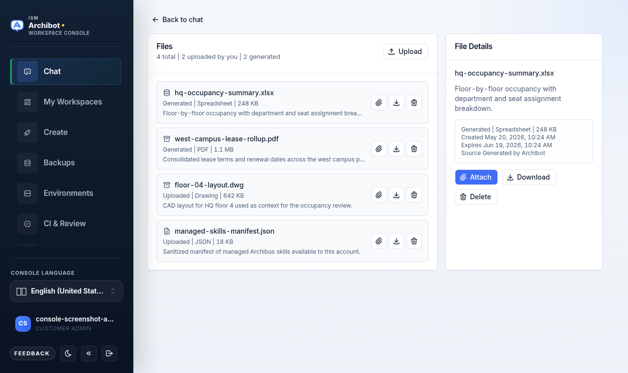 ArchiBot Chat Files screen with a two-pane layout, file list on the left and File Details on the right, on safe example data.