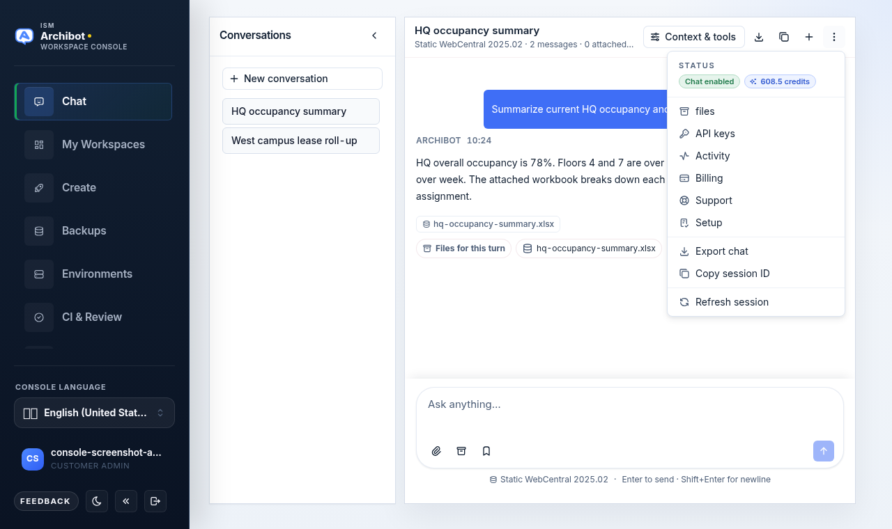 The header kebab menu open, showing Chat enabled status, a credit balance, and links to Files, API keys, Activity, Billing, Support, Setup, Export chat, Copy session ID, and Refresh session.