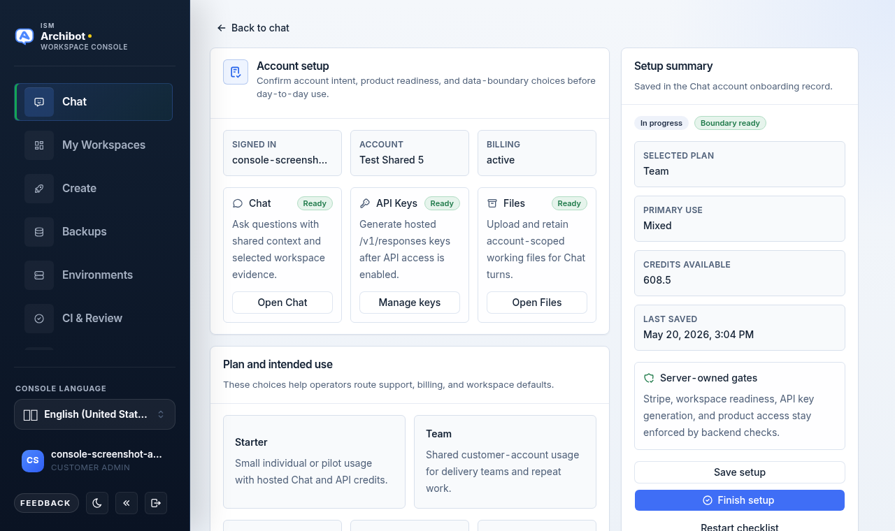 The ArchiBot Chat Setup screen with account access, plan and intended use, and a setup summary showing chat access and available credits.