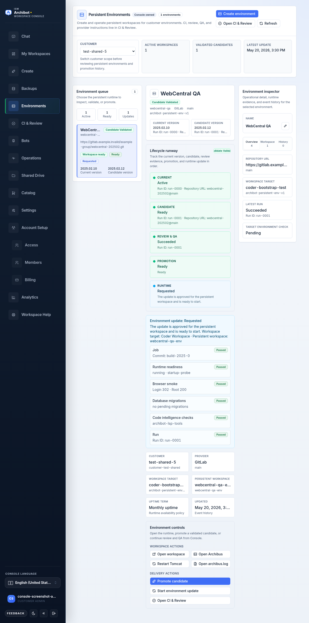 Environment with a validated candidate and an update requested, on safe example data.