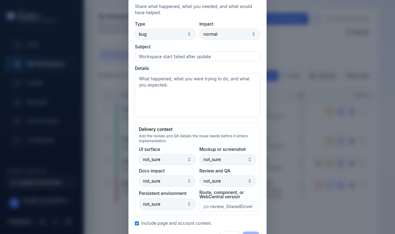 Send Feedback dialog with Type and Impact selects, Subject and Details fields, a Delivery context section, and an Include page and account context checkbox.