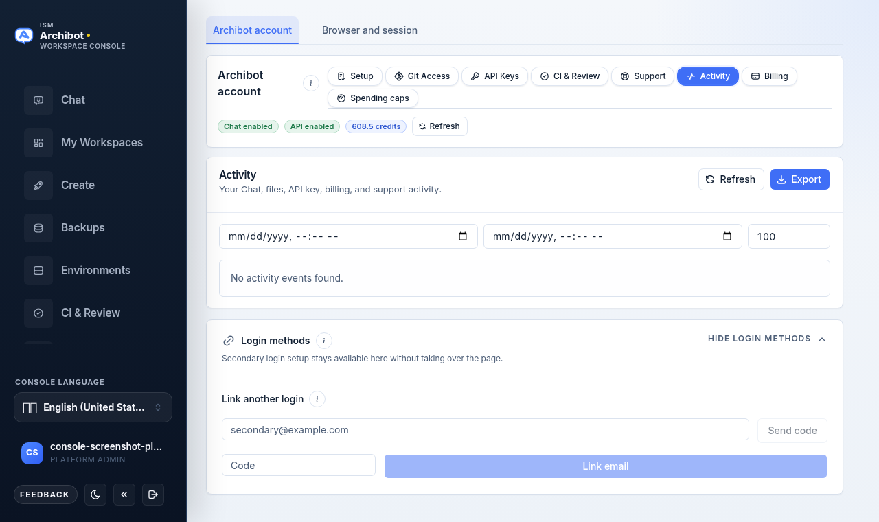 Activity tab with start and end date filters, a result limit, an empty activity list, and a Login methods panel for linking a secondary login.