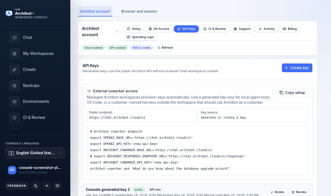 Console Settings API Keys tab showing the Create key button, External coworker access card, and a generated setup script with placeholder values.