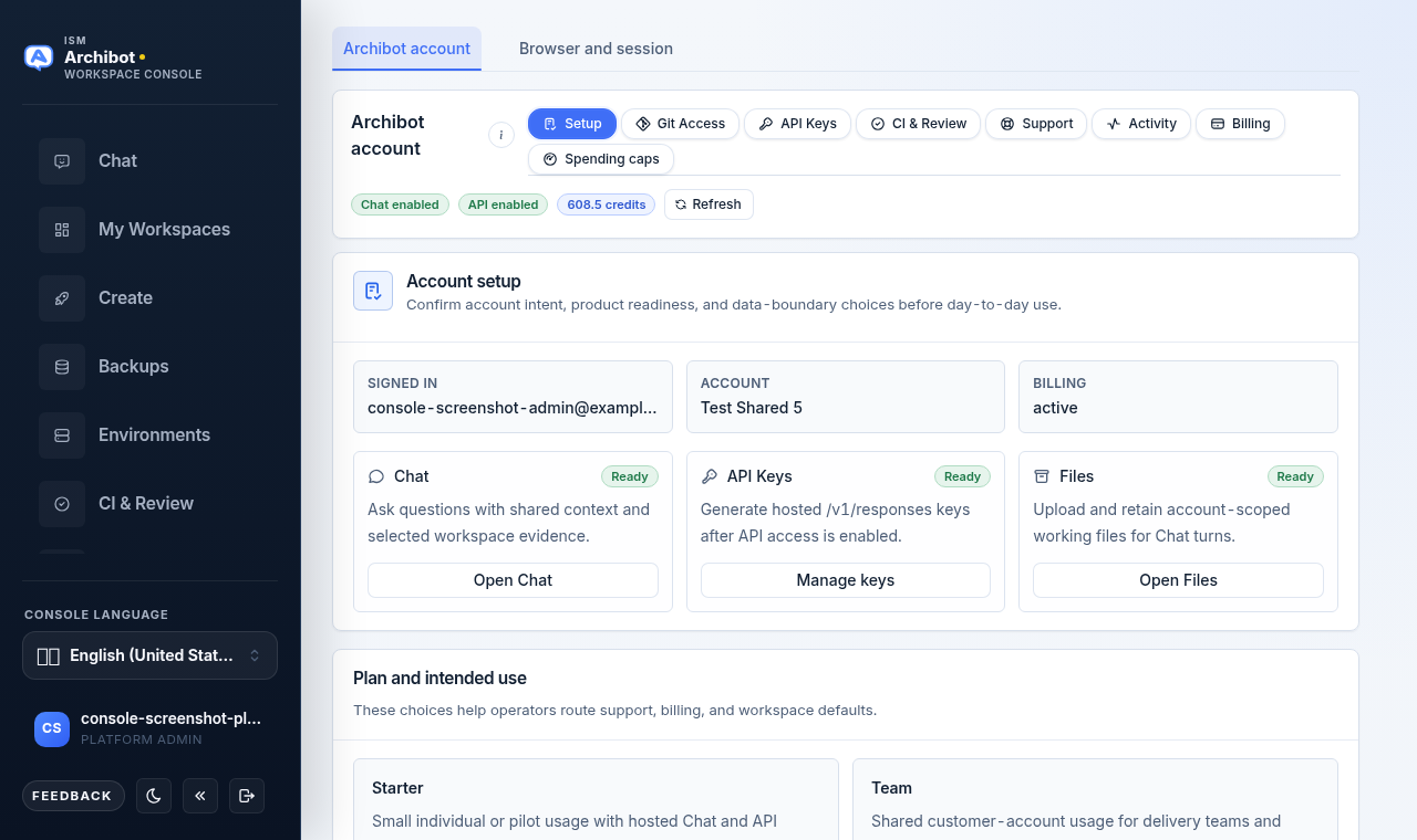 ArchiBot account pill strip with the Setup, Git Access, API Keys, CI & Review, Support, Activity, Billing, and Spending caps tabs, plus Chat enabled and API enabled badges.