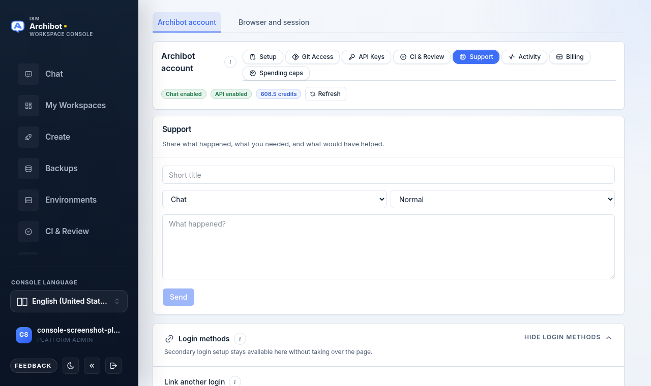 Console Settings Support card with a short title field, category and severity selects, a description box, and a Send button.