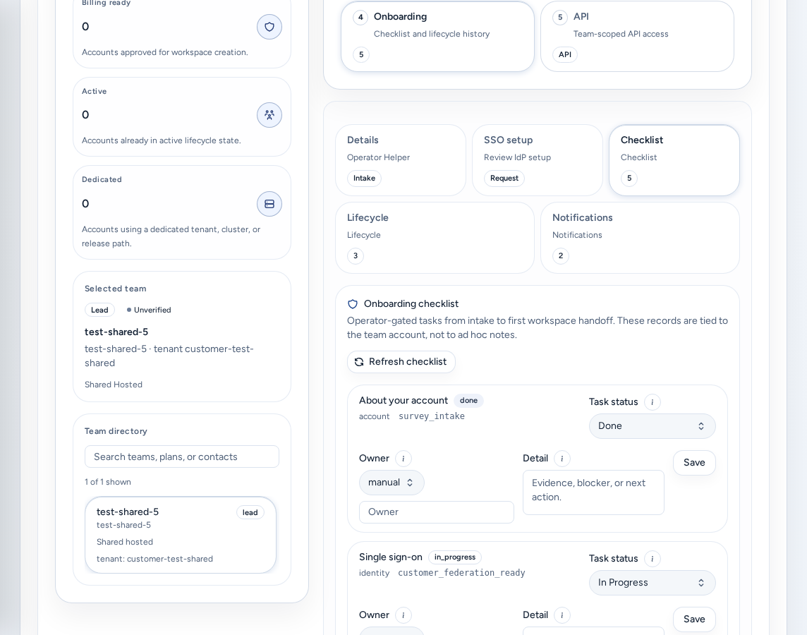 Teams → Onboarding → Checklist: the Onboarding checklist with each task's status and owner, on safe example data.