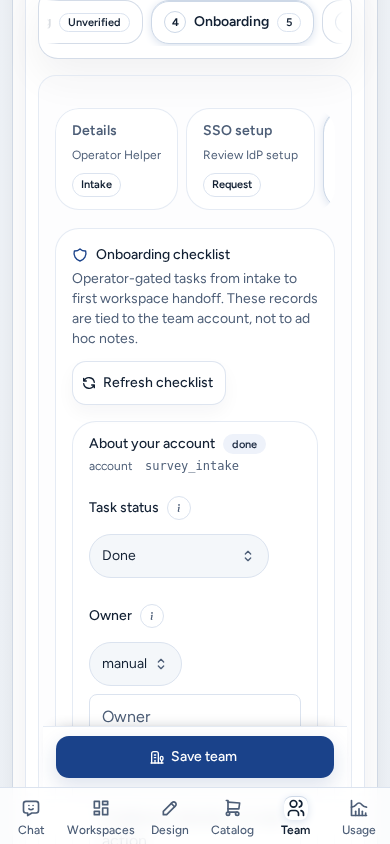 The onboarding checklist on a phone with Save team pinned above the bottom bar, on safe example data.