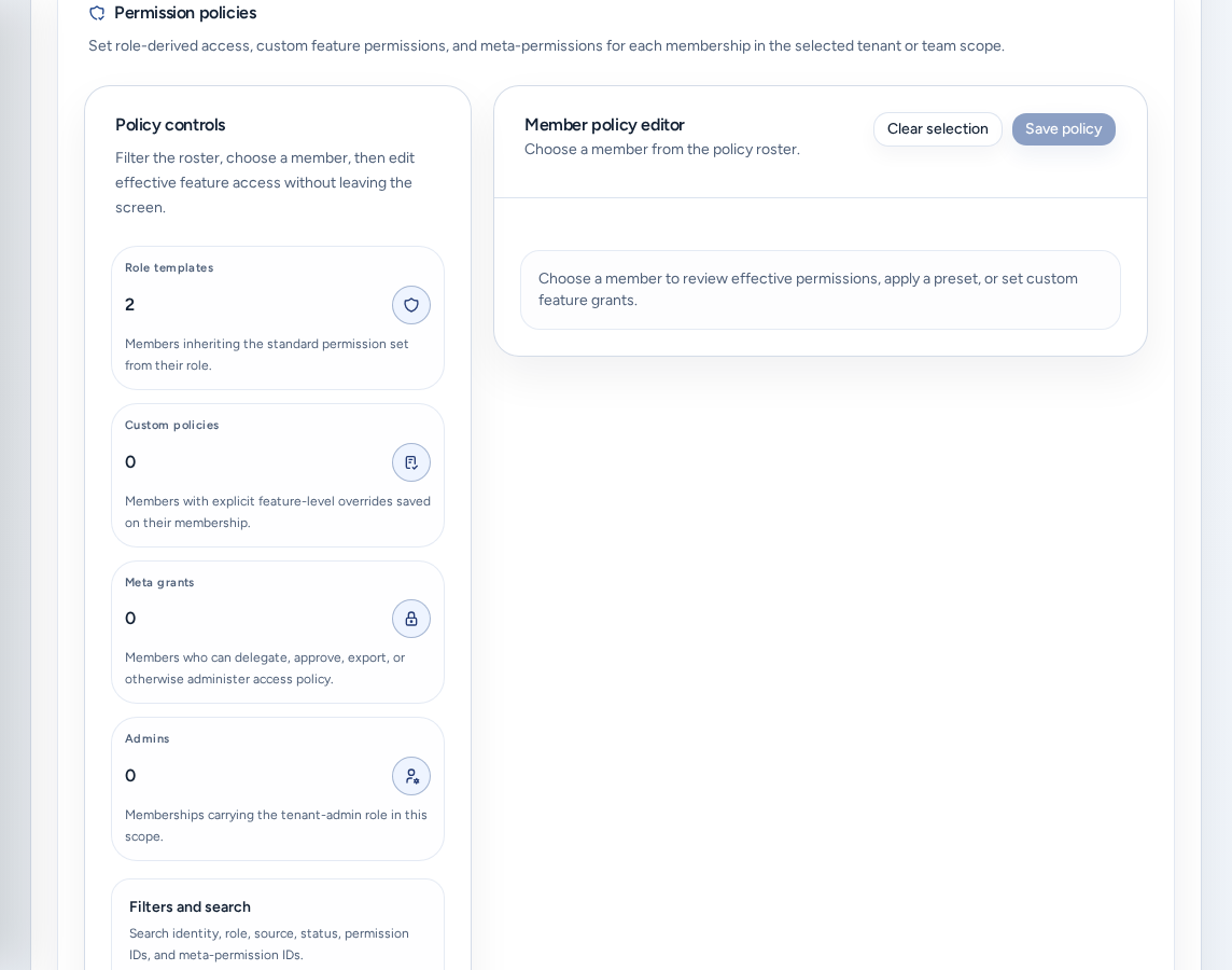 Permission policies with Policy controls and the Member policy editor, on safe example data.