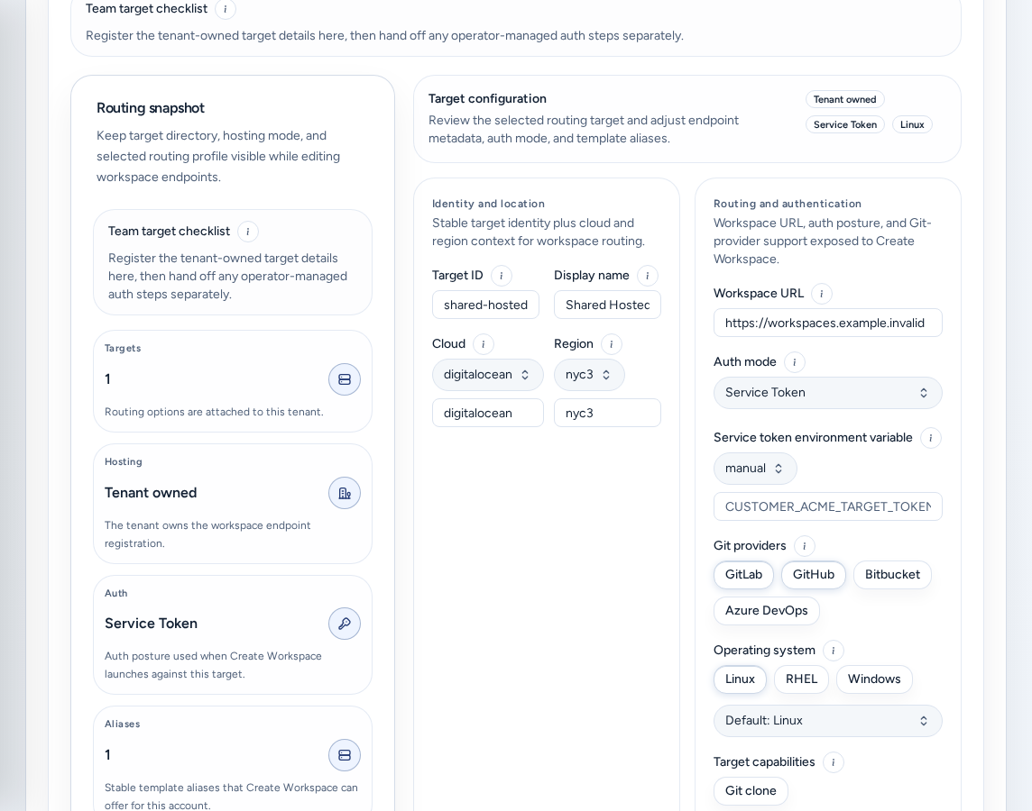 The Targets sub-tab with the Team target checklist, the Routing snapshot and Target configuration, on safe example data.
