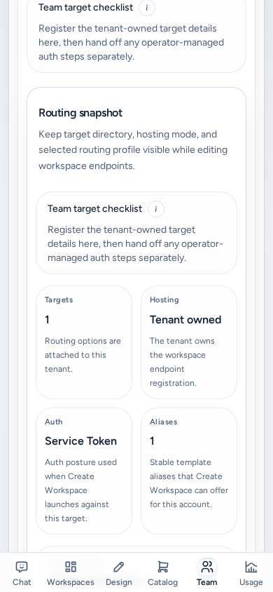 Targets on a phone: the team target checklist and routing snapshot cards in one column, on safe example data.