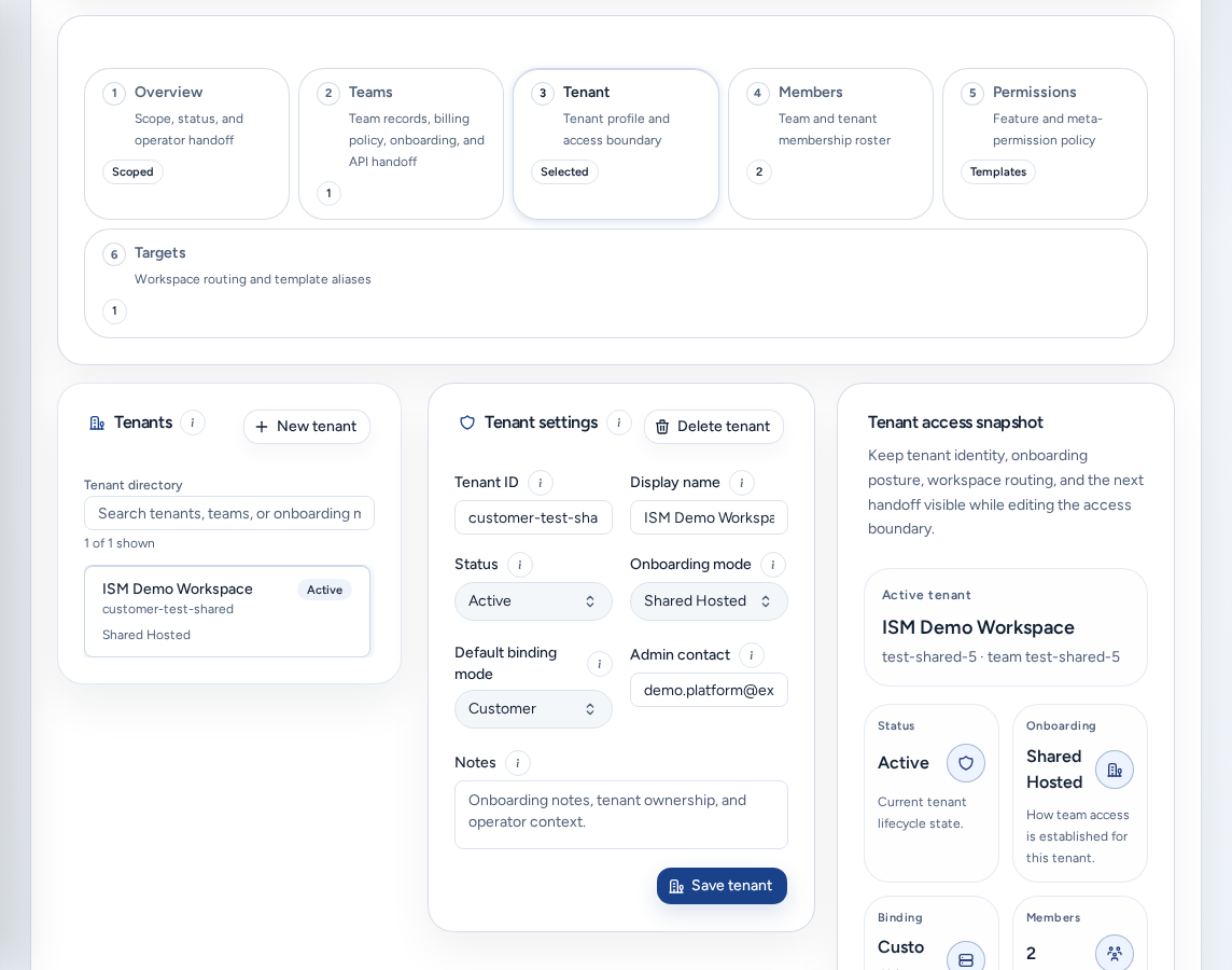 Access operations on the Tenant sub-tab: the Tenants directory, Tenant settings and the Tenant access snapshot, on safe example data.