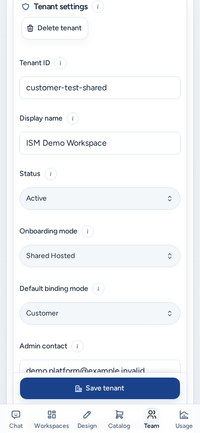 The Tenant sub-tab on a phone: the sideways-scrolling tab row, the Tenants directory and Tenant settings with Save tenant pinned above the bottom bar, on safe example data.