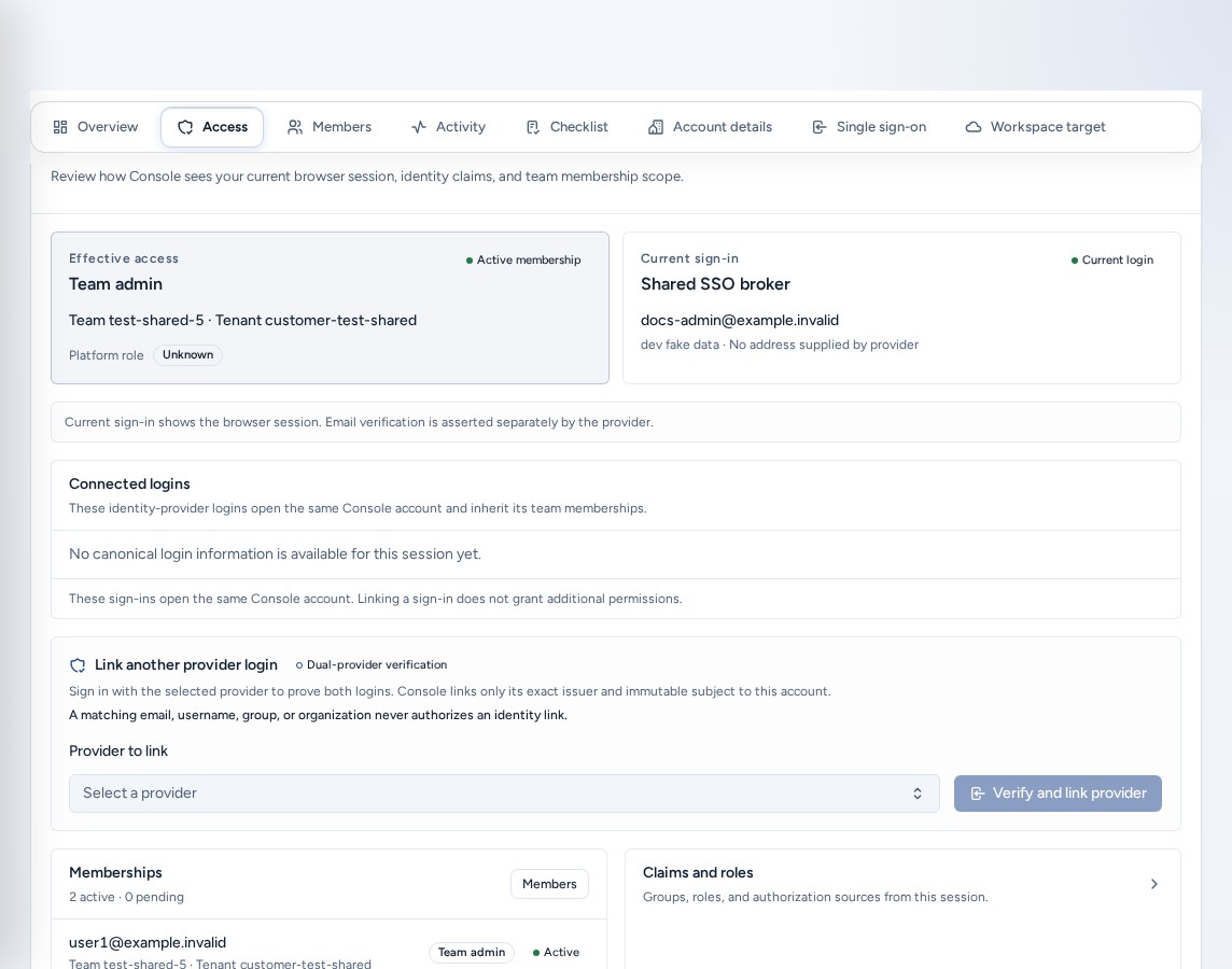 Account access (/account/access) with Effective access, Current sign-in, Connected logins, Link another provider login, Memberships and Claims and roles, on safe example data.