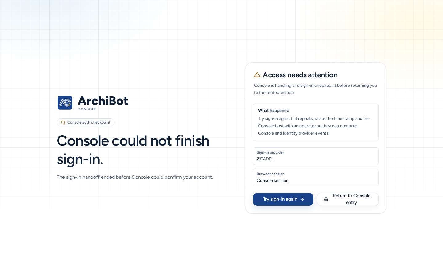 Console could not finish sign-in: the Access needs attention card with What happened, Sign-in provider, Browser session, Try sign-in again and Return to Console entry, on safe example data.