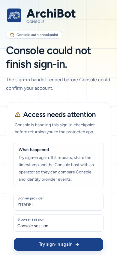 Access needs attention on a phone with Try sign-in again as a full-width button, on safe example data.