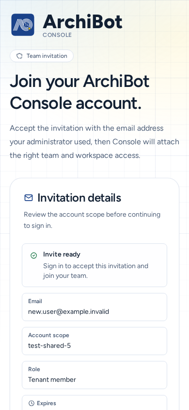 Invitation details on a phone with Invite ready, email, account scope, role and expiry, on safe example data.