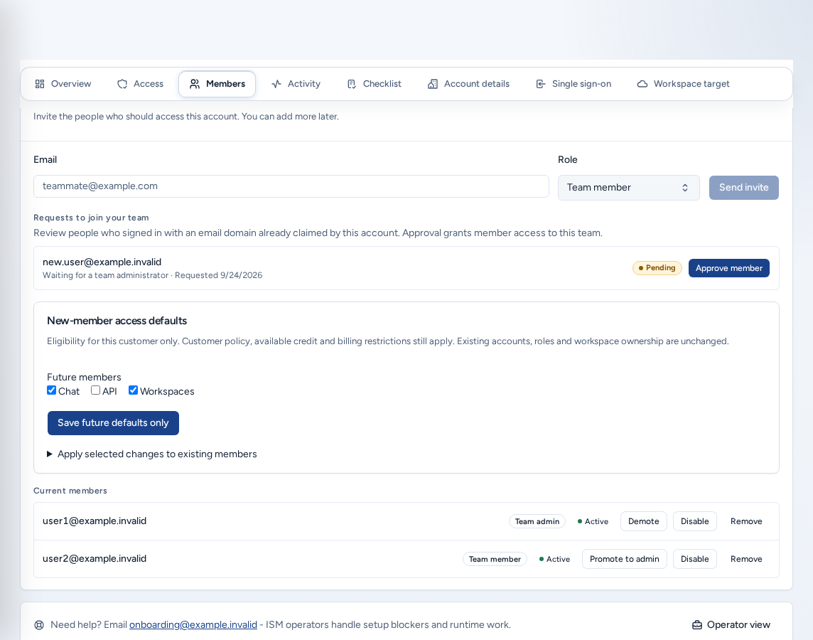 Members in Account Setup: the invite row (Email, Role, Send invite), Requests to join your team with Approve member, New-member access defaults and Current members, on safe example data.