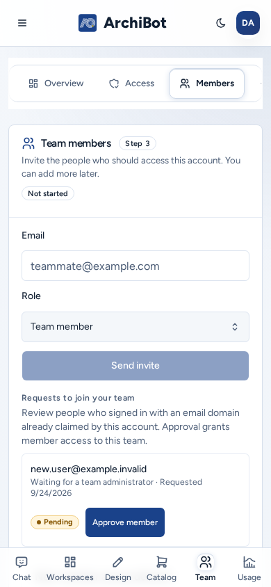 Team members on a phone: the invite form in one column, then Requests to join your team with a pending request and Approve member, on safe example data.