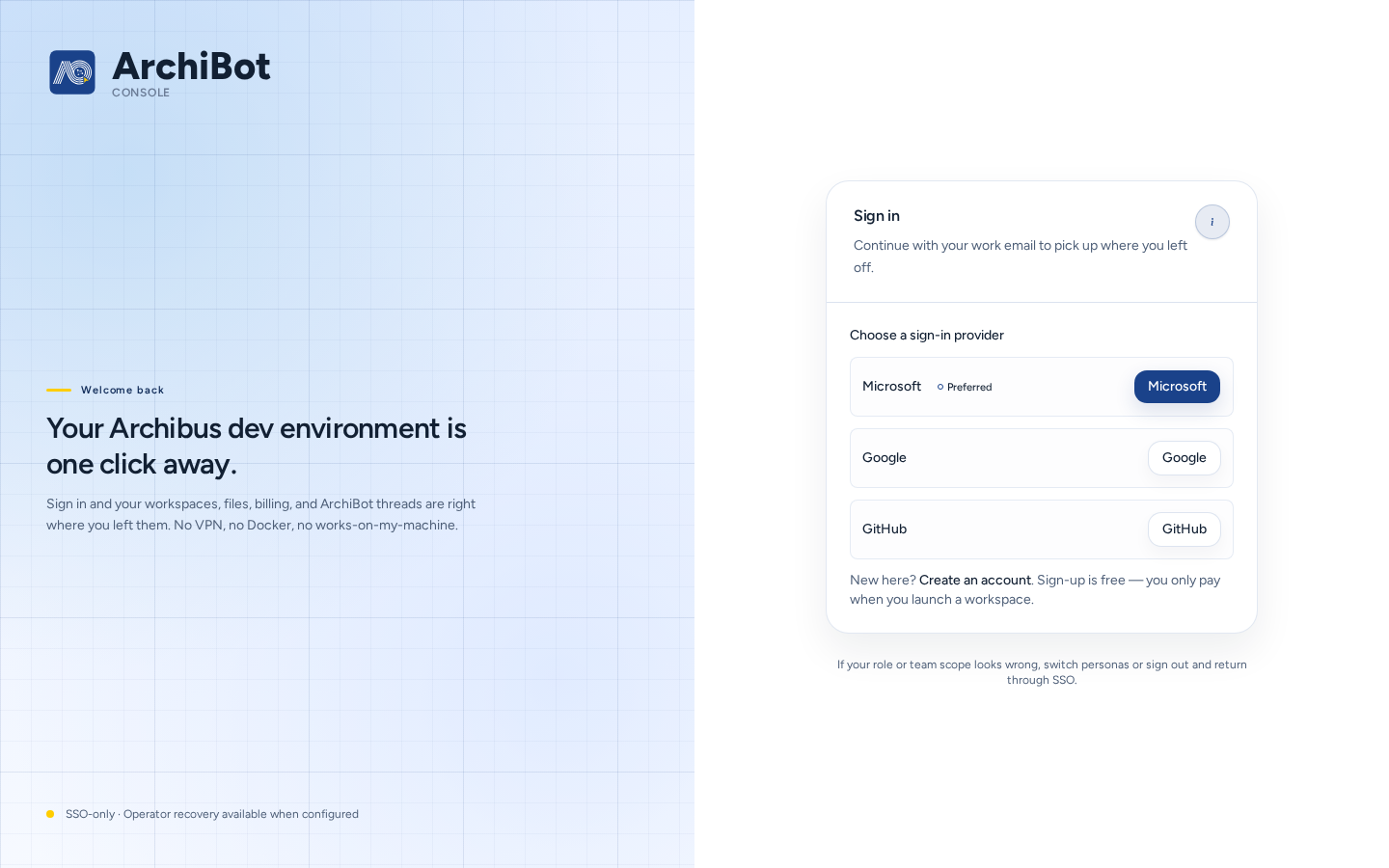 The Console sign-in page with Choose a sign-in provider listing Microsoft (Preferred), Google and GitHub, and the Console identity (i) button, on safe example data.
