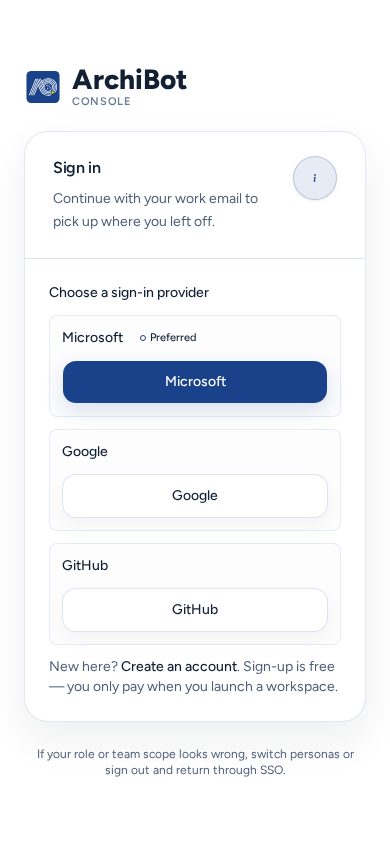 The sign-in page on a phone with the provider list: Microsoft (Preferred), Google and GitHub as full-width buttons, on safe example data.