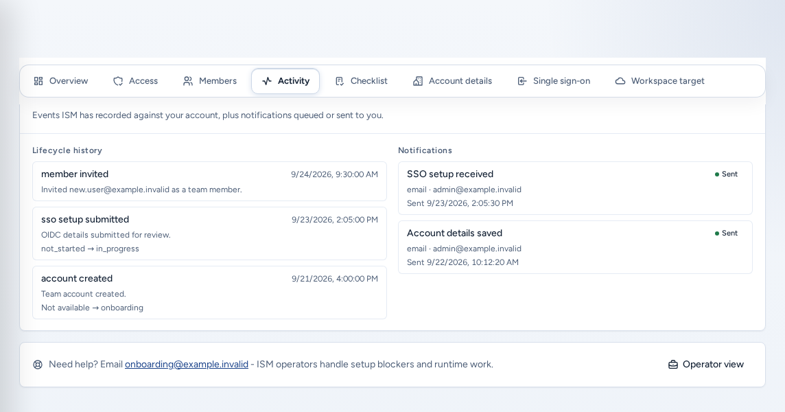 The Activity tab in Account Setup with the Activity & notifications card: lifecycle history on the left and sent notifications on the right, on safe example data.