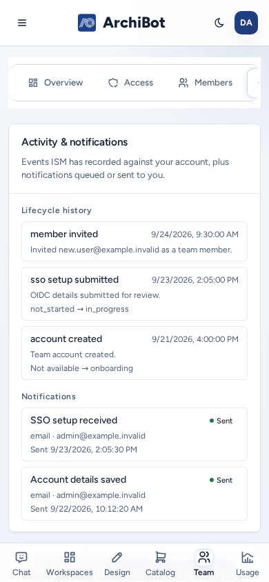 The Activity tab on a phone: the Account Setup section tabs, then lifecycle history and notifications stacked in one column, on safe example data.