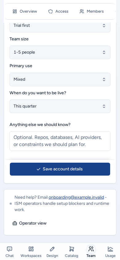 Account details on a phone, scrolled mid-form, with Save account details pinned above the bottom bar, on safe example data.