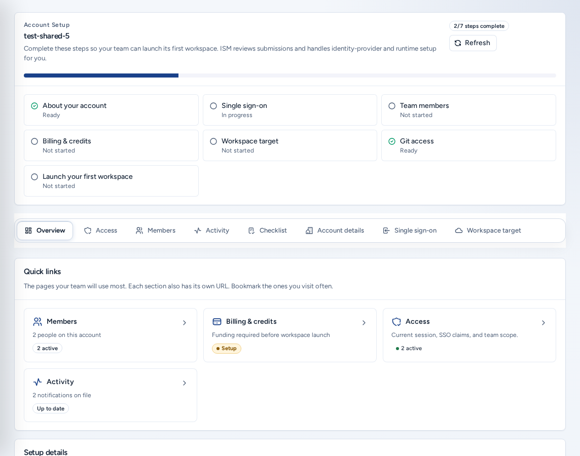 Account Setup overview with the steps grid (About your account, Single sign-on, Team members, Billing & credits, Workspace target, Git access, Launch your first workspace), the section tabs and Quick links, on safe example data.
