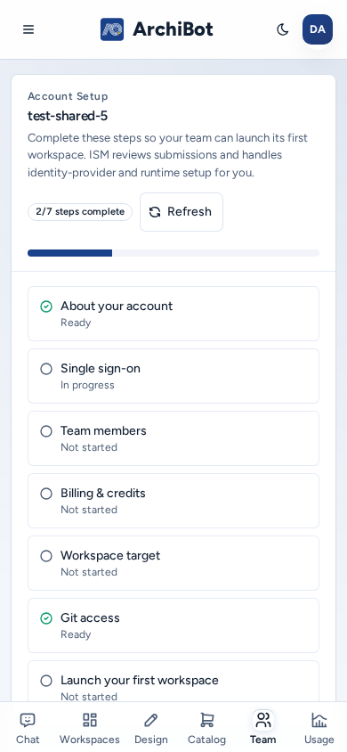 Account Setup on a phone with the steps listed in one column and their status, on safe example data.