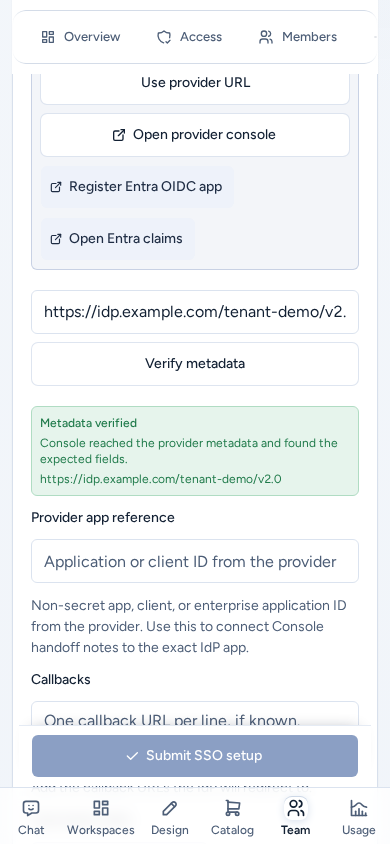 Single sign-on on a phone with Metadata verified and Submit SSO setup pinned above the bottom bar, on safe example data.