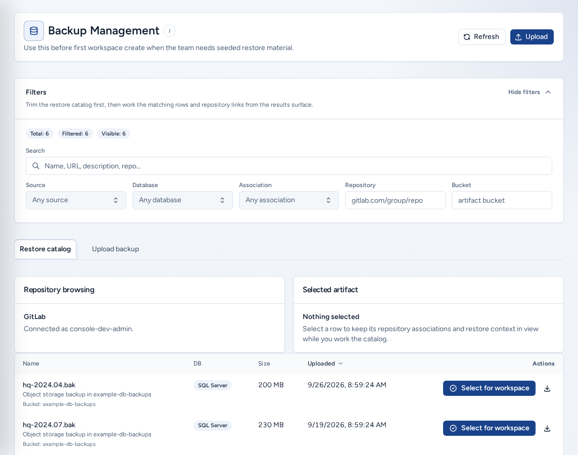 Backup Management with the Filters card and the Restore catalog tab listing backups with Select for workspace and Download, on safe example data.