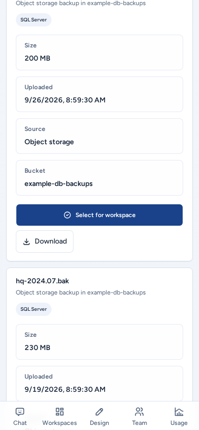 The restore catalog on a phone: each backup as a card with Select for workspace and Download, on safe example data.