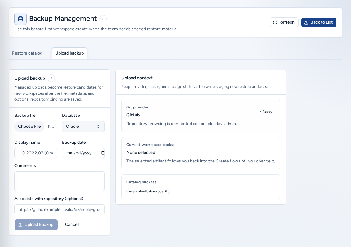 The Upload backup tab with the file picker, database, display name, backup date, comments and repository association, and the Upload context panel, on safe example data.