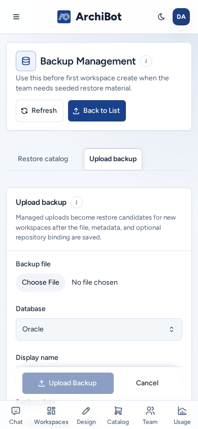 Upload backup on a phone with Upload Backup and Cancel pinned above the bottom bar, on safe example data.