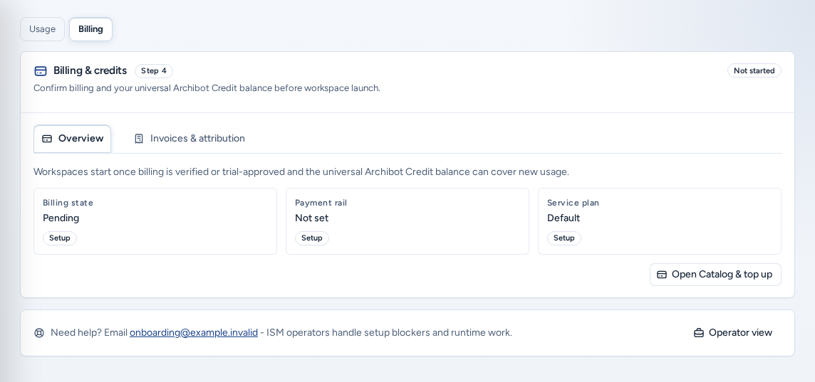 Usage & billing on the Billing tab: Billing & credits with the Overview tab showing Billing state, Payment rail and Service plan, and Open Catalog & top up, on safe example data.