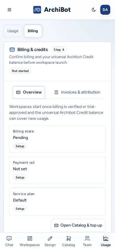 Billing on a phone: the Usage / Billing switch, Billing & credits with the Overview and Invoices & attribution tabs, and the billing state cards, on safe example data.