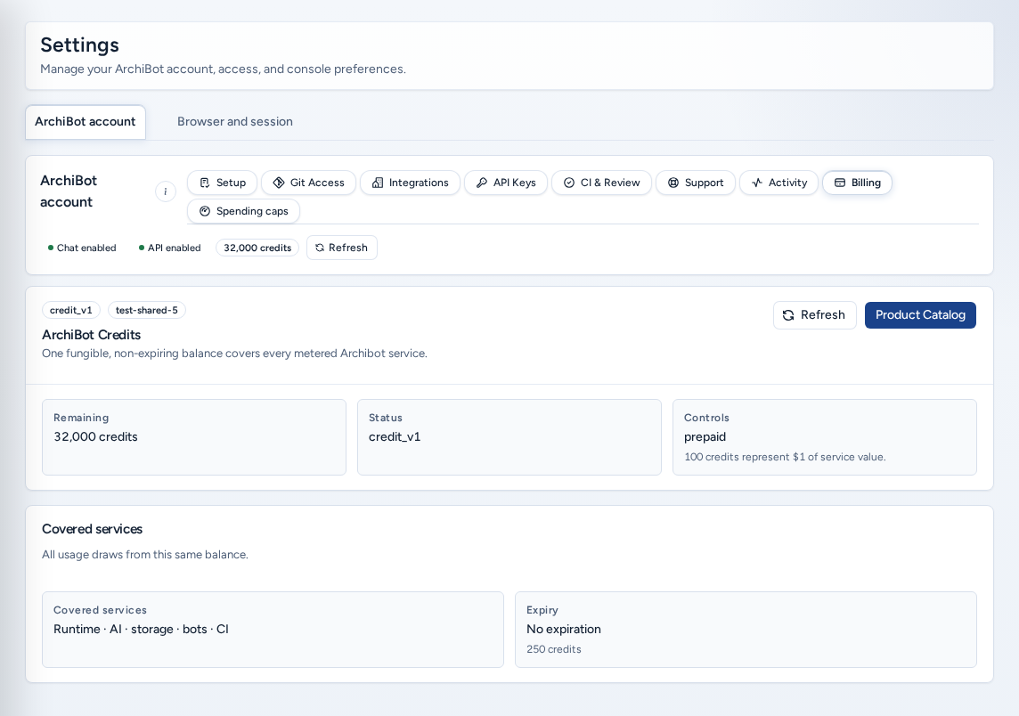 Settings, ArchiBot account, Billing pill: the ArchiBot Credits wallet with Remaining, Status and Controls, and Covered services, on safe example data.