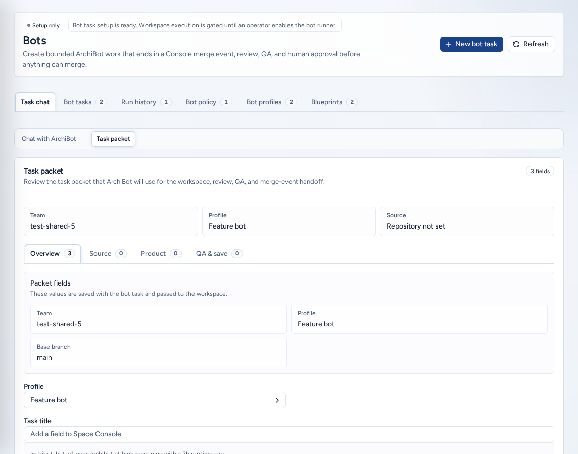 Bots on the Task chat tab with the Task packet view: team, profile and source fields and the Overview, Source, Product and QA & save tabs, on safe example data.