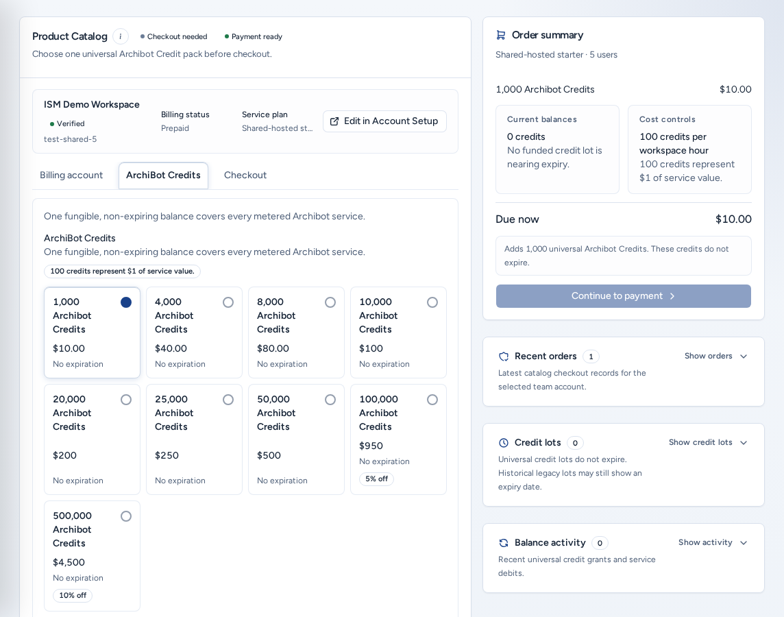 Product Catalog on the ArchiBot Credits tab: the Checkout needed and Payment ready badges, the team card, credit packs and the Order summary with Continue to payment, on safe example data.