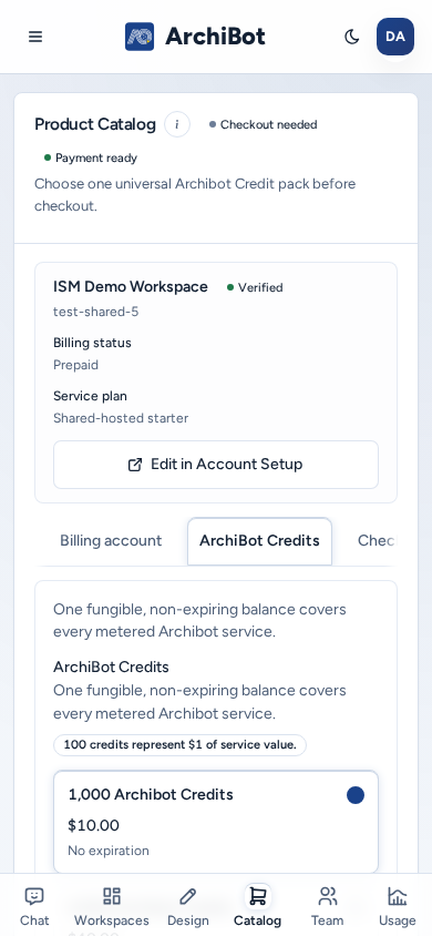 Product Catalog on a phone in one column: the badges, the team card and the Billing account / ArchiBot Credits / Checkout tabs scrolling sideways, on safe example data.