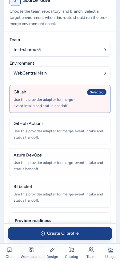 Create CI workspace profile on a phone: provider choices as full-width cards and Create CI profile pinned at the bottom, on safe example data.